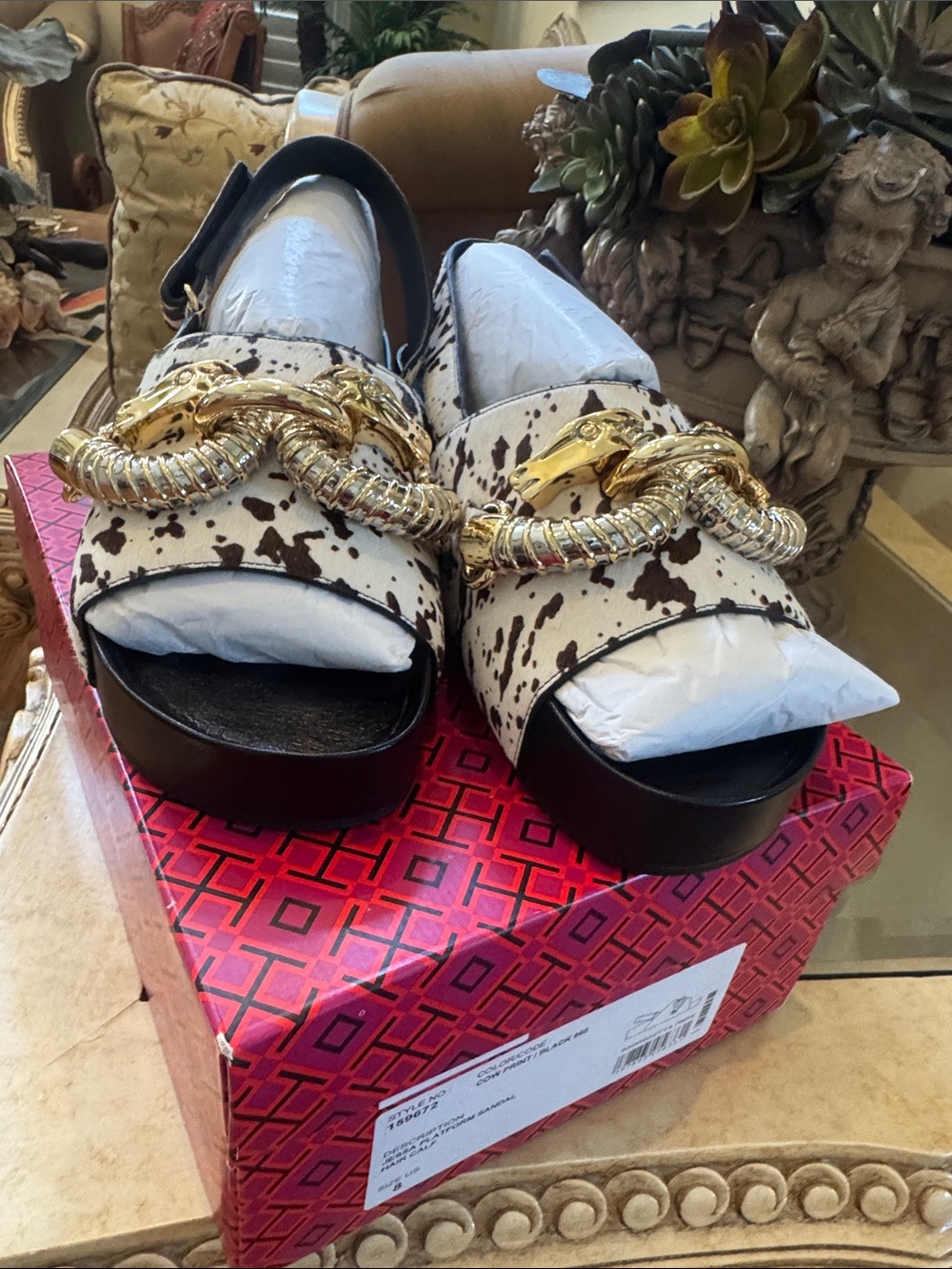 Tory Burch Black & White Cow-Print Platform Mules with Gold Chain Size 8